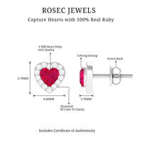 Heart shape ruby stud earrings with diamond halo from Rosec Jewels featuring vibrant red rubies and sparkling diamond accents.