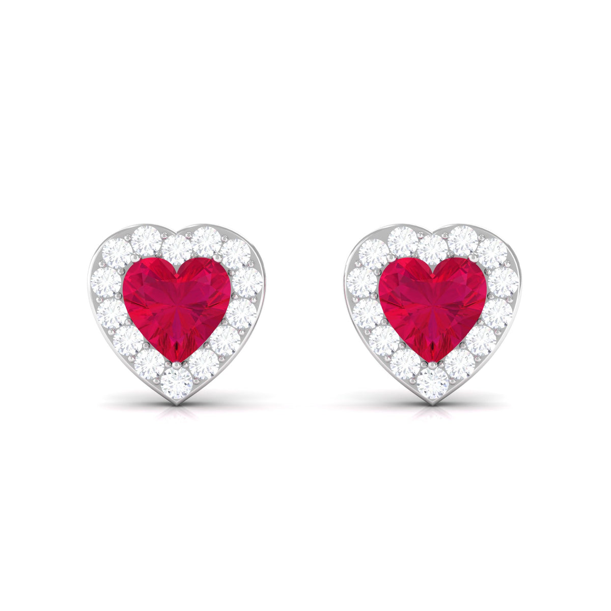 Heart-shaped ruby stud earrings with diamond halo from Rosec Jewels, featuring sparkling gemstones and elegant design.