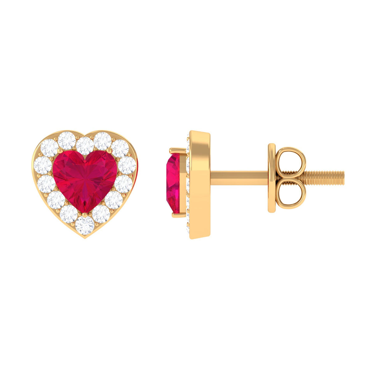 Heart-shaped ruby stud earrings with diamond halo from Rosec Jewels featuring sparkling gemstones and elegant jewelry design.