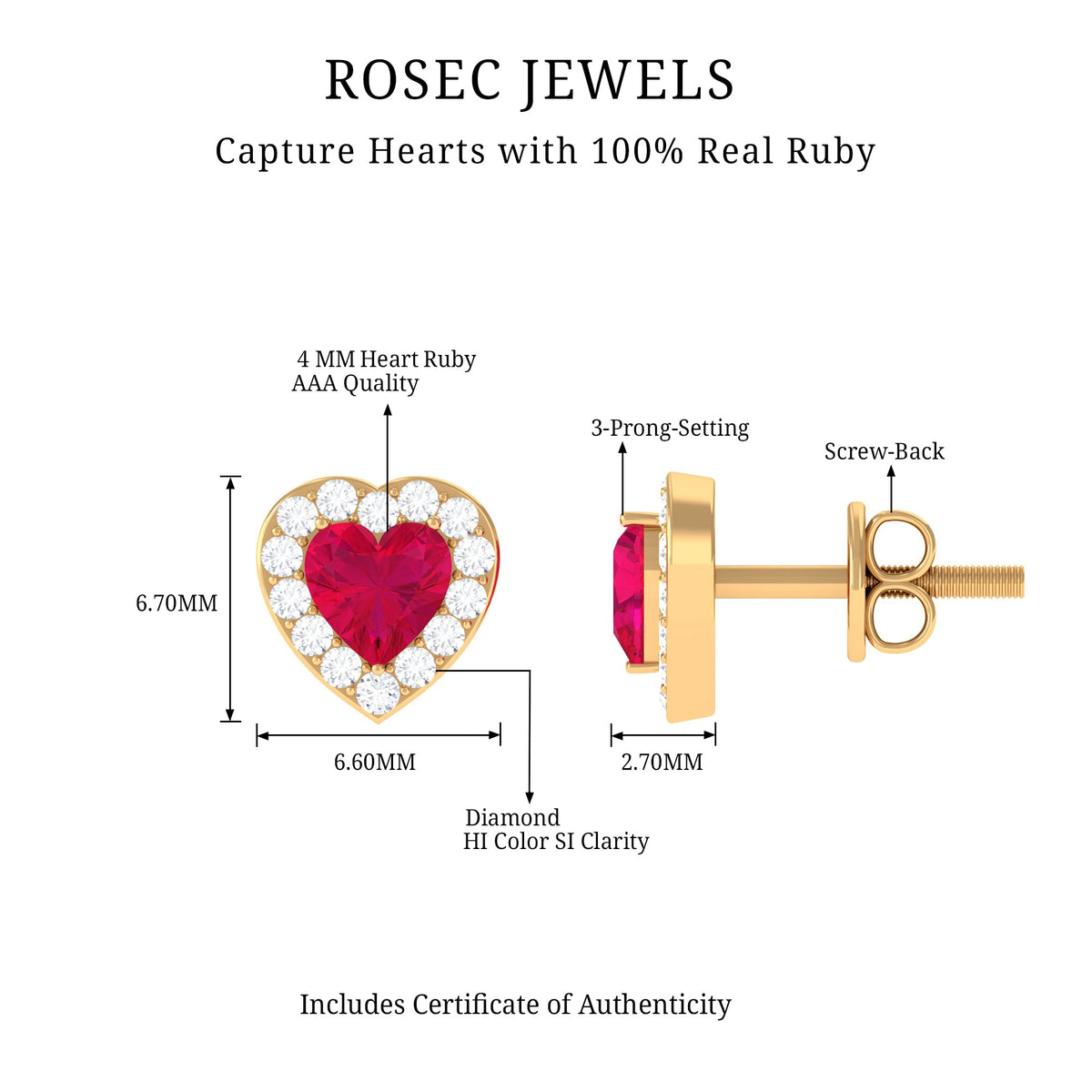 Heart-shaped ruby stud earrings with diamond halo from Rosec Jewels featuring vibrant red rubies and sparkling diamond accents.