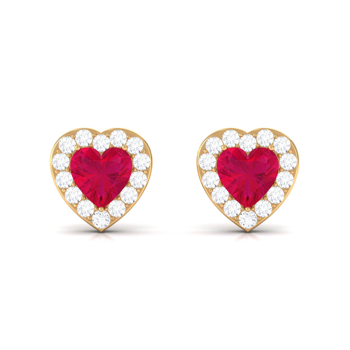 Heart-shaped ruby stud earrings with diamond halo from Rosec Jewels, featuring sparkling gemstones and elegant design.