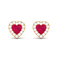Heart-shaped ruby stud earrings with diamond halo from Rosec Jewels, featuring sparkling gemstones and elegant design.