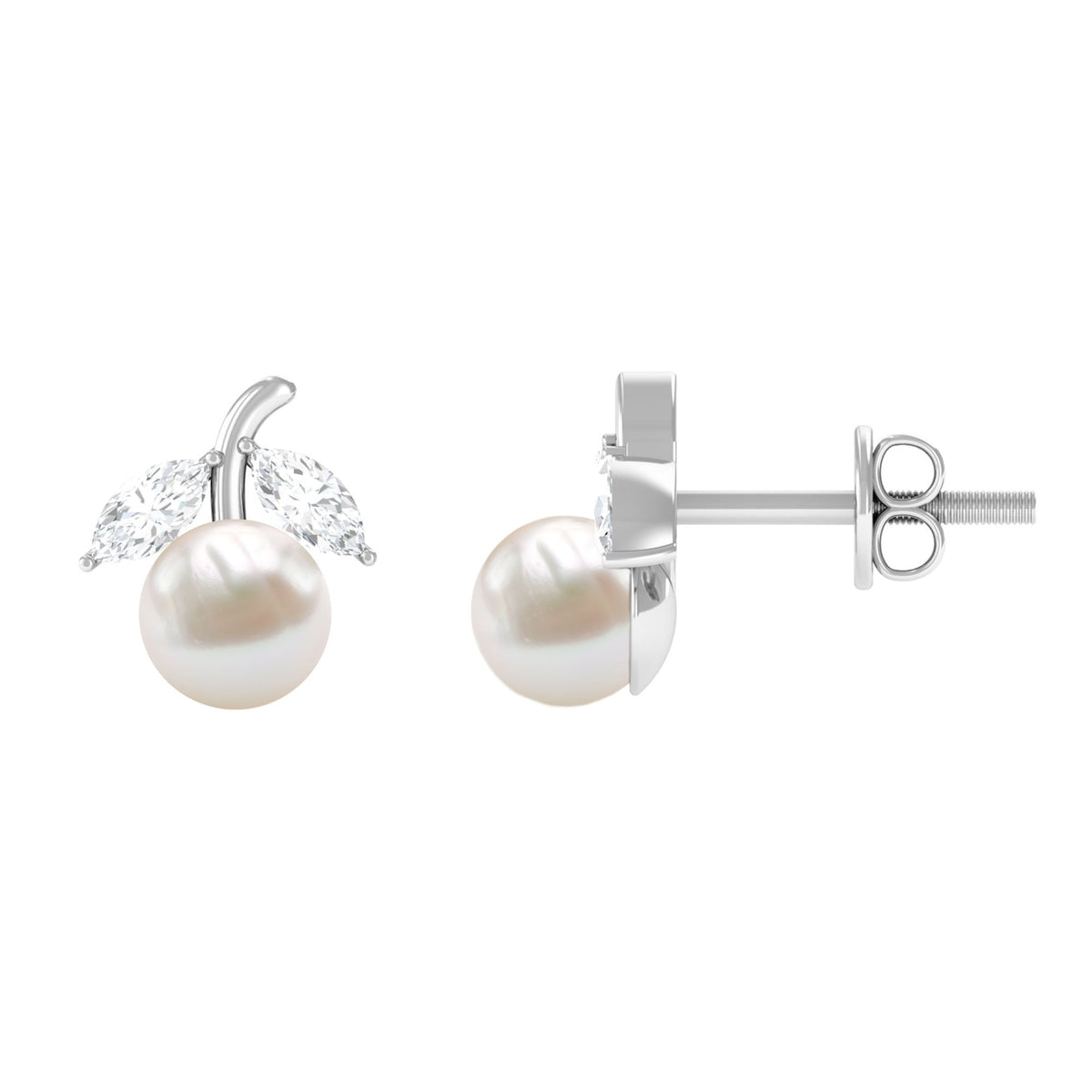 Freshwater pearl and diamond fruit-shaped stud earrings from Rosec Jewels, featuring elegant 5 mm pearls and sparkling diamonds.