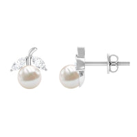 Freshwater pearl and diamond fruit-shaped stud earrings from Rosec Jewels, featuring elegant 5 mm pearls and sparkling diamonds.