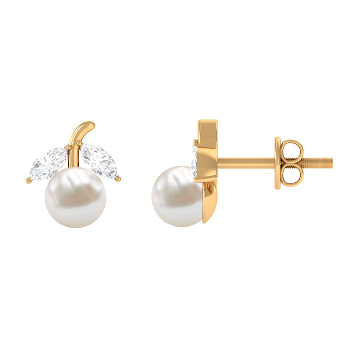 Freshwater pearl and diamond fruit-shaped stud earrings by Rosec Jewels featuring 5mm pearls and sparkling diamonds.