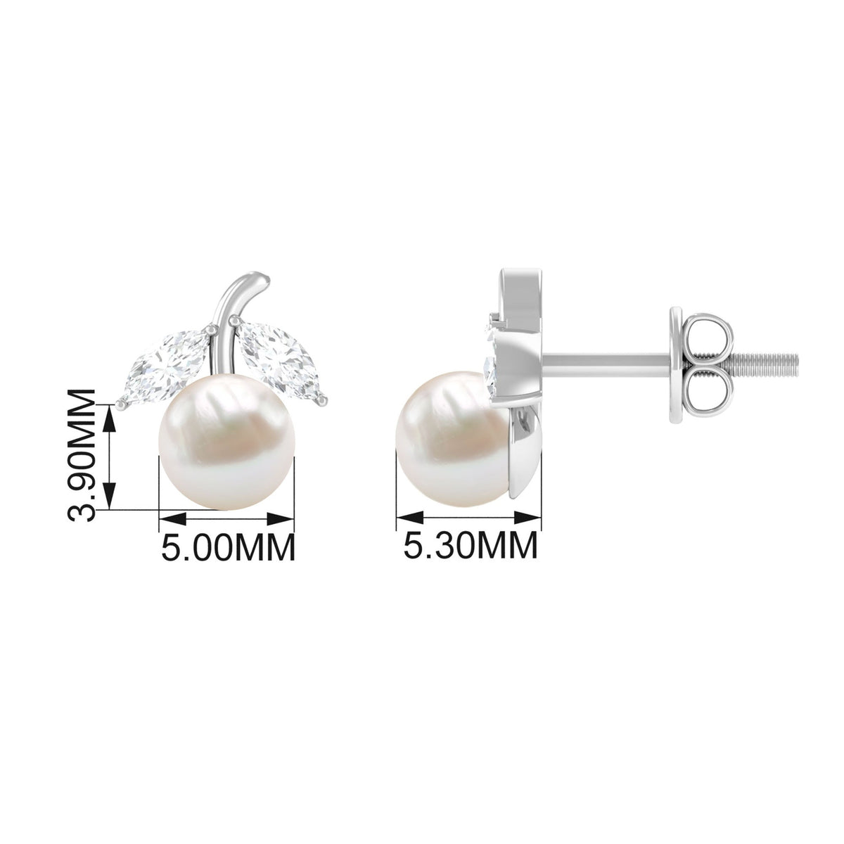 Rosec Jewels 5mm freshwater pearl and diamond fruit stud earring with delicate design and sparkling accents.