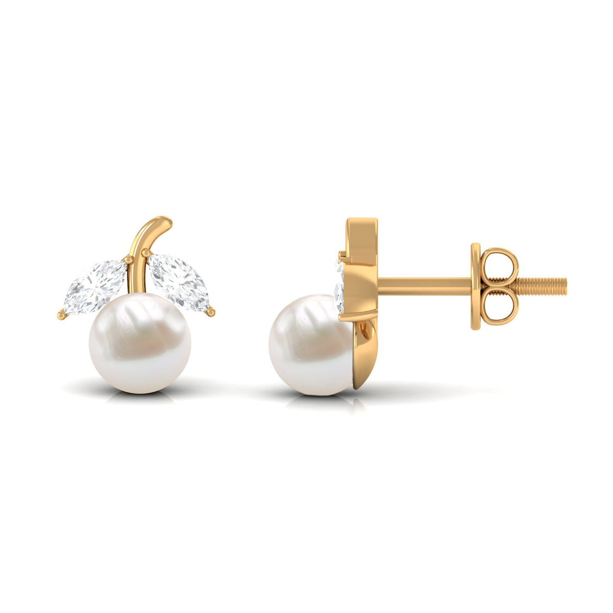 Freshwater pearl and diamond fruit-shaped stud earrings by Rosec Jewels featuring 5 mm pearls and sparkling diamonds.