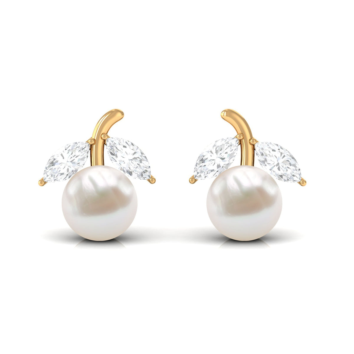 Freshwater pearl and diamond fruit-shaped stud earrings by Rosec Jewels, featuring 5mm pearls and sparkling diamonds.