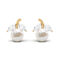 Freshwater pearl and diamond fruit-shaped stud earrings by Rosec Jewels, featuring 5mm pearls and sparkling diamonds.