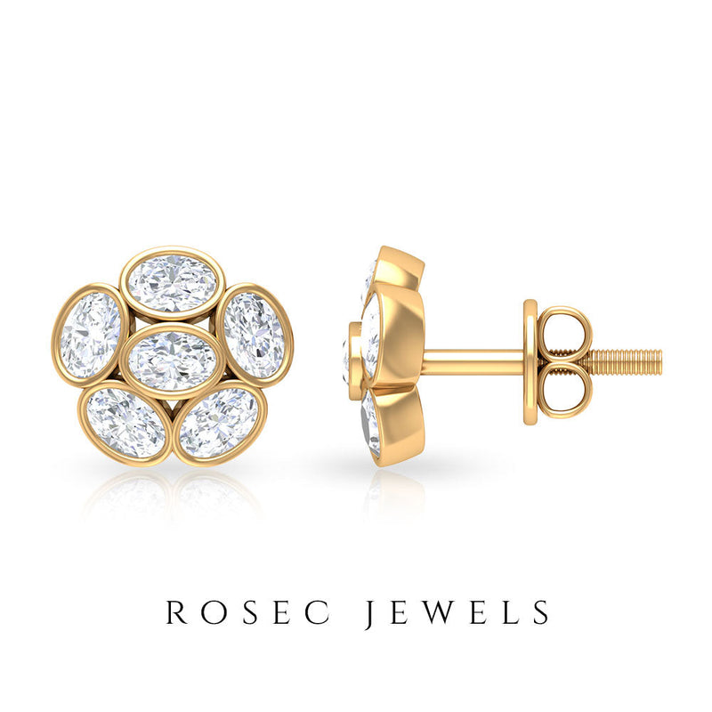 Oval-shaped diamond cluster stud earrings by Rosec Jewels featuring sparkling diamond accents on silver-tone metal.
