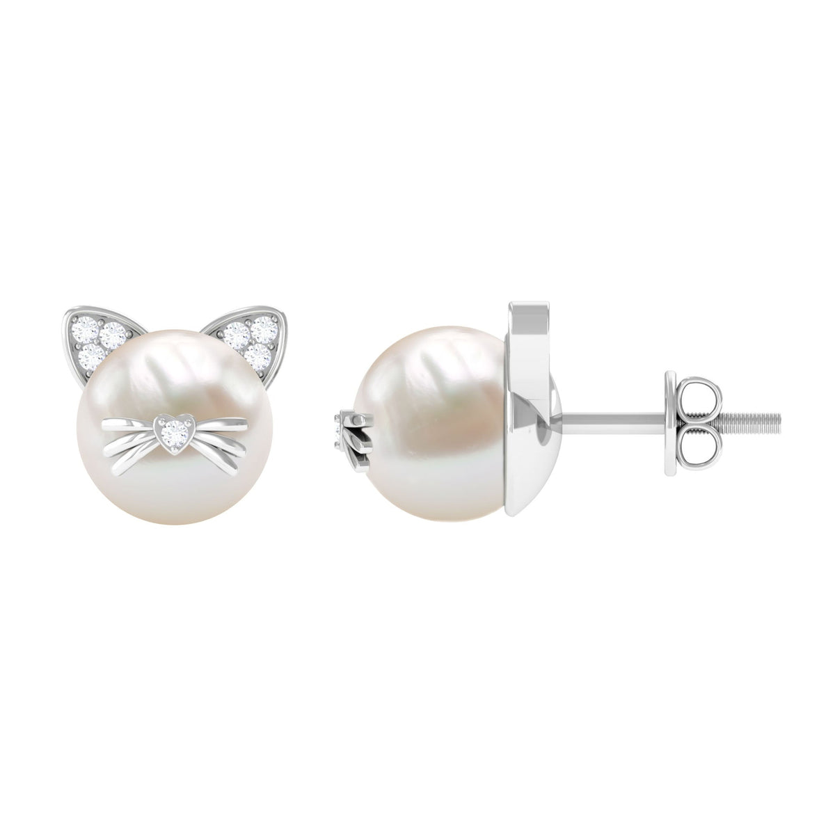 Rosec Jewels 15 CT freshwater pearl and diamond kitten stud earrings, featuring elegant pearl and sparkling diamond accents.
