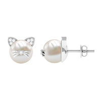 Rosec Jewels 15 CT freshwater pearl and diamond kitten stud earrings, featuring elegant pearl and sparkling diamond accents.