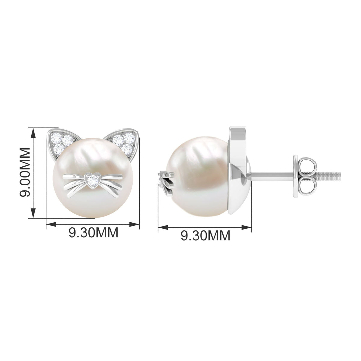 Freshwater pearl and diamond kitten stud earrings by Rosec Jewels, featuring elegant pearl and sparkling diamonds design.