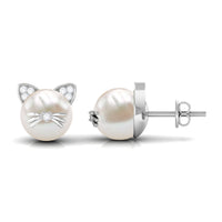 Rosec Jewels 15 CT freshwater pearl and diamond kitten stud earrings showcasing elegant pearls and sparkling diamonds.