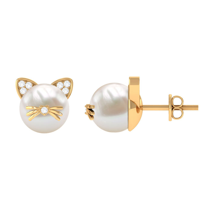 Rosec Jewels 15 CT freshwater pearl and diamond kitten stud earrings, featuring elegant pearl and diamond design on sterling silver earrings