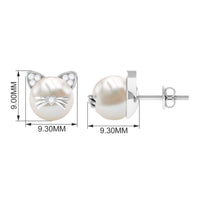 Freshwater pearl and diamond kitten stud earrings by Rosec Jewels, featuring elegant, sparkling jewelry design.