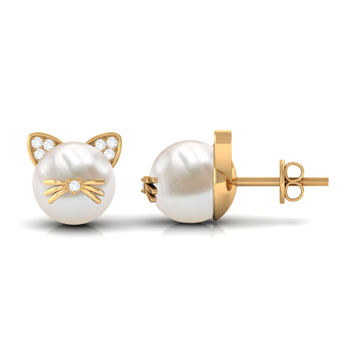 Freshwater pearl and diamond kitten stud earrings by Rosec Jewels featuring 15 CT of elegant, sparkling jewelry.