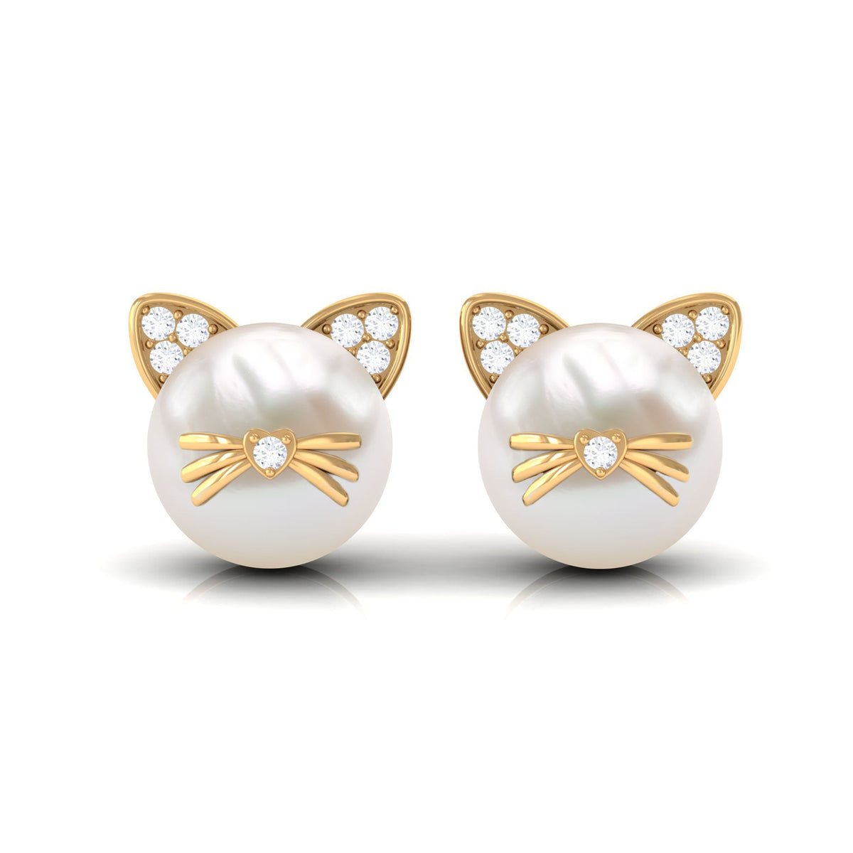 Rosec Jewels 15 CT freshwater pearl and diamond kitten stud earrings, featuring elegant pearl and sparkling diamonds.