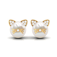Rosec Jewels 15 CT freshwater pearl and diamond kitten stud earrings, featuring elegant pearl and sparkling diamonds.