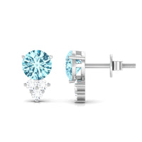 2 CT Natural Aquamarine Stud Earrings with Diamond Trio