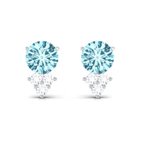 2 CT Natural Aquamarine Stud Earrings with Diamond Trio