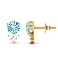 2 CT Natural Aquamarine Stud Earrings with Diamond Trio
