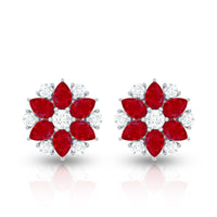 Pear Cut Ruby and Diamond Vintage Flower Earrings