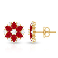 Pear Cut Ruby and Diamond Vintage Flower Earrings