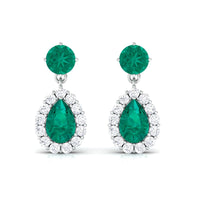 Natural Emerald Teardrop Earrings with Diamond Halo