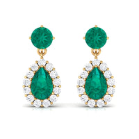 Natural Emerald Teardrop Earrings with Diamond Halo