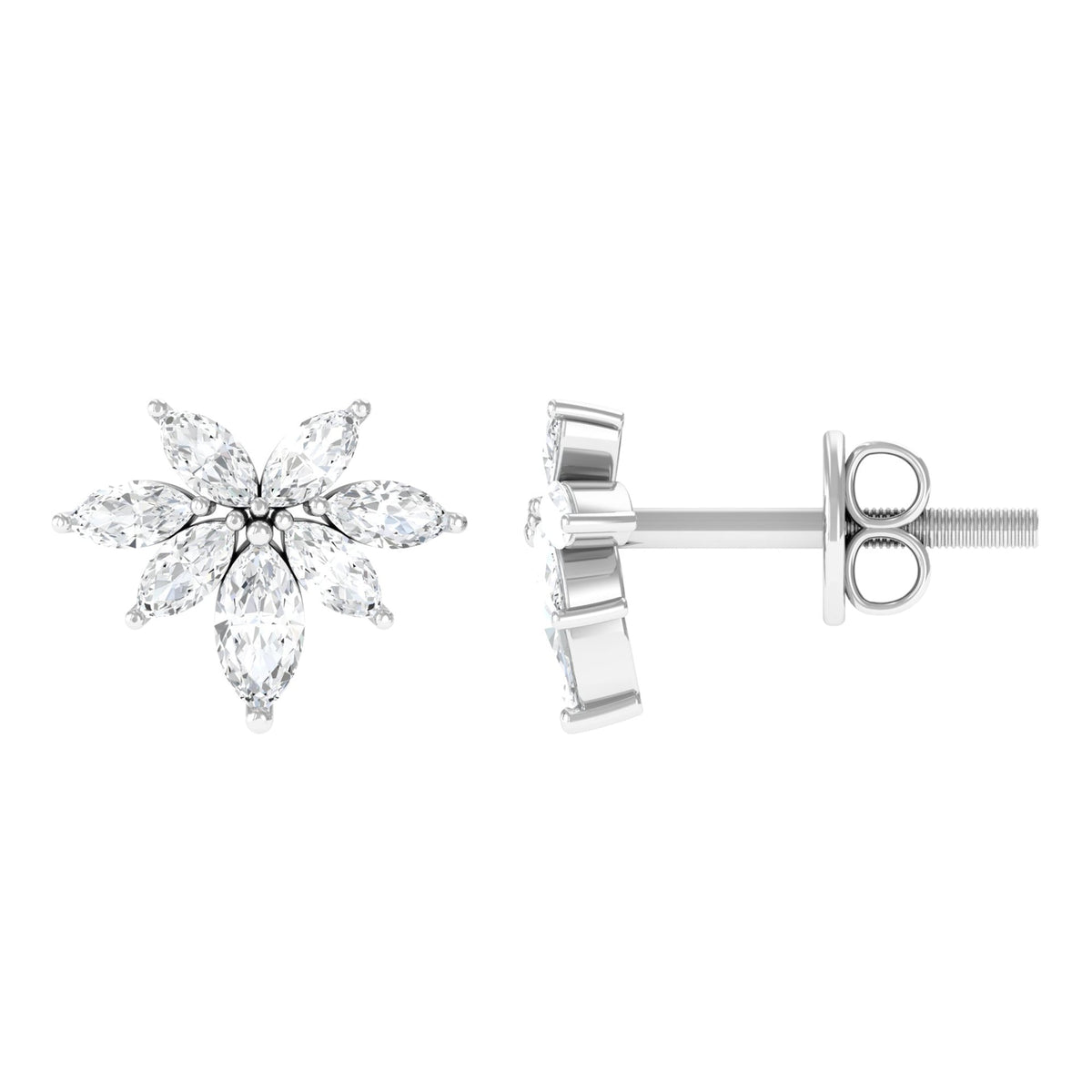 Marquise Cut Real Diamond Cluster Flower Stud Earrings