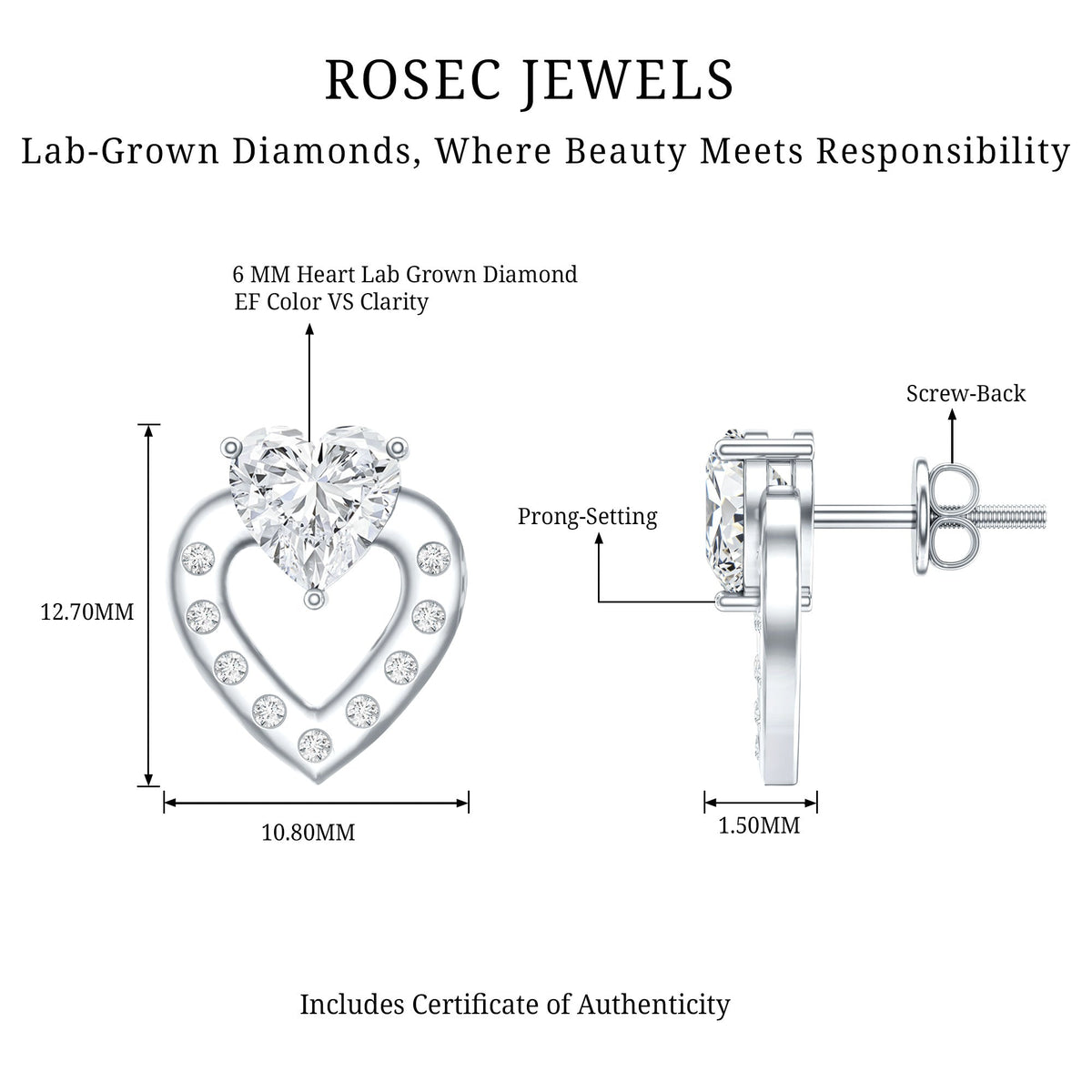 6 MM Lab Grown Diamond Heart Studs For Her
