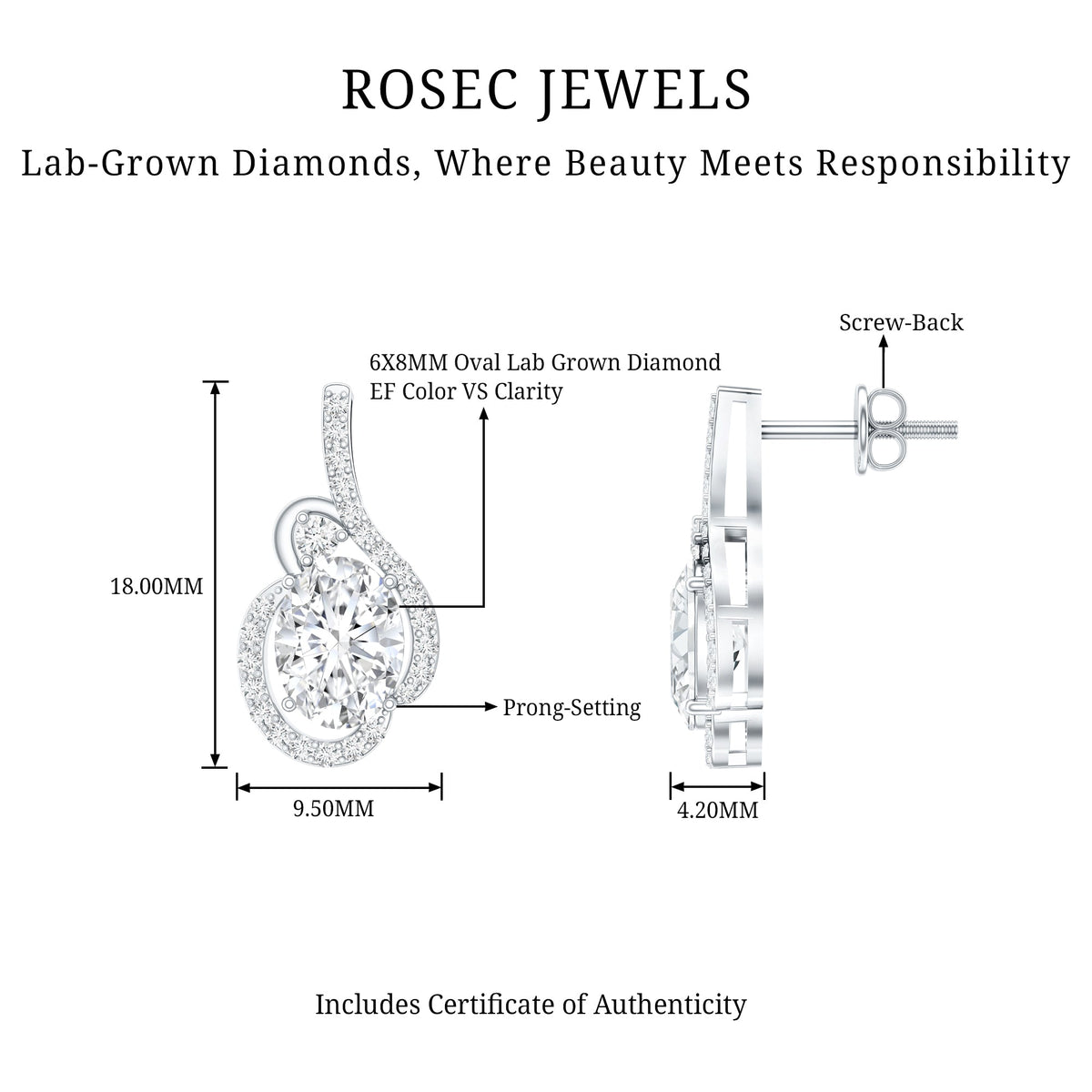 Certified 6X8 MM Oval Lab Grown Diamond Designer Stud Earrings
