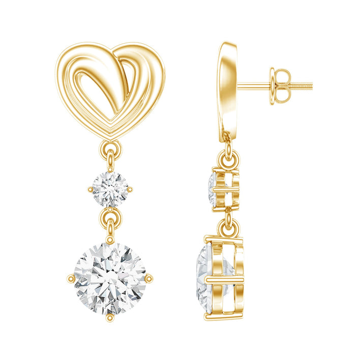Lab grown diamond heart dangle earrings by Rosec Jewels, featuring sparkling drop earrings with heart-shaped design.