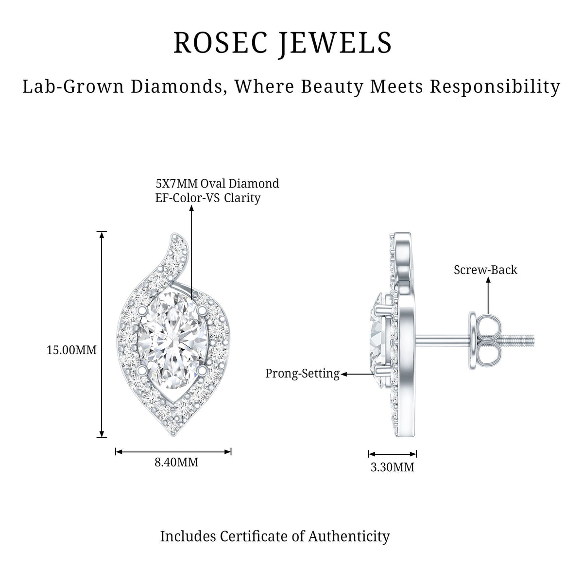 Certified 5X7 MM Oval Lab Grown Diamond Stud Earrings For Women