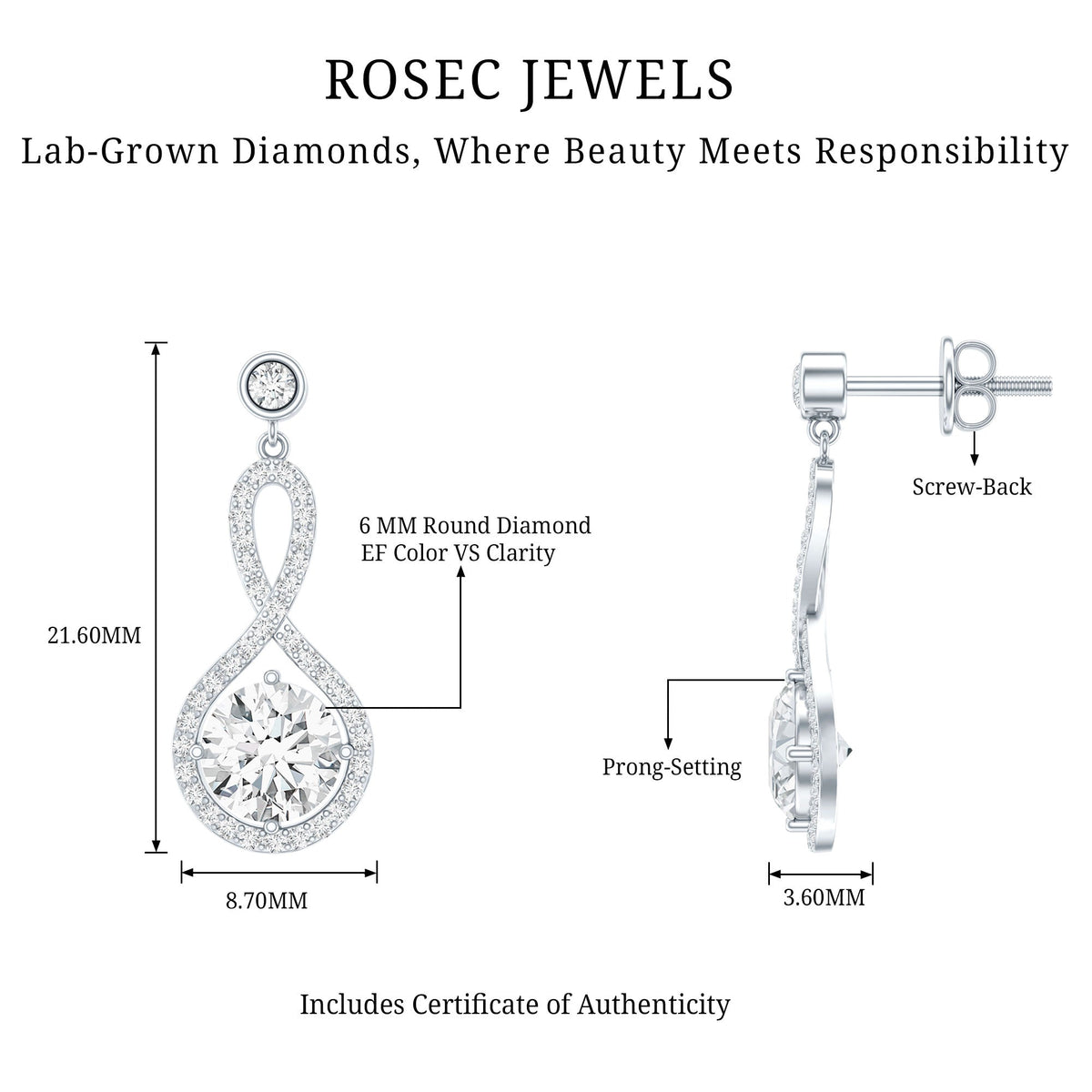 6 MM Lab Grown Diamond Infinity Dangle Earrings For Women