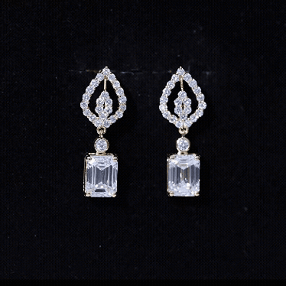 Yellow emerald cut lab-grown diamond art deco drop earrings by Rosec Jewels featuring intricate design and sparkling gemstones.