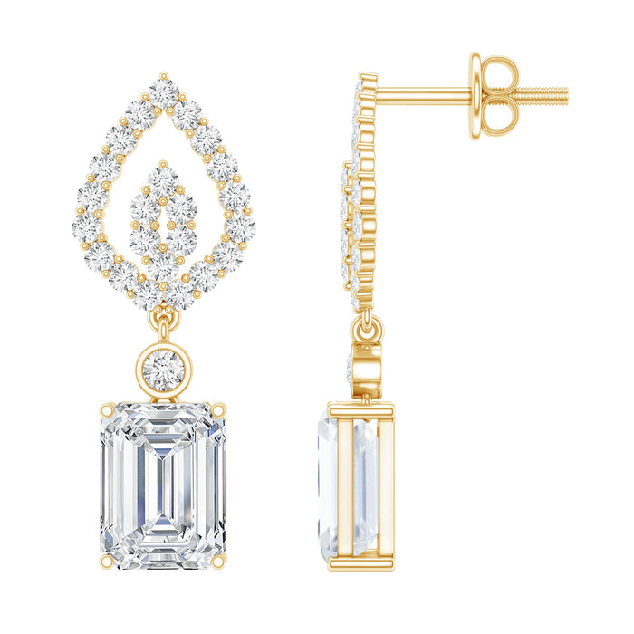 Emerald cut lab-grown diamond Art Deco drop earrings by Rosec Jewels with intricate geometric design and sparkling gemstones.