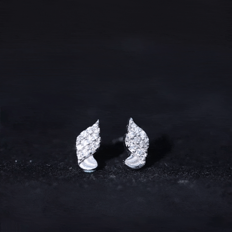 Yellow lab grown diamond leaf stud earrings with screw back from Rosec Jewels, showcasing intricate leaf design and sparkling gemstones.