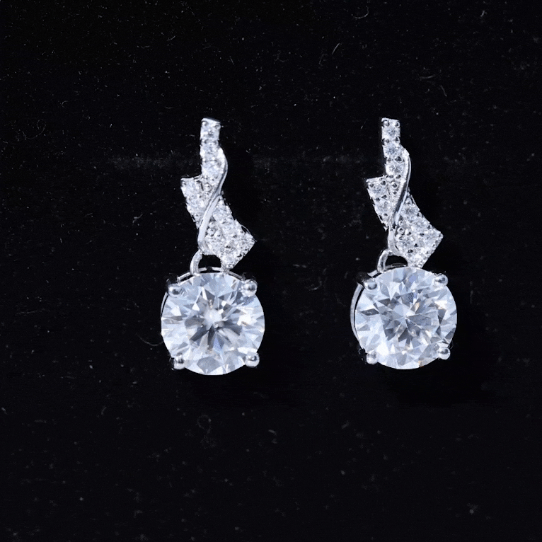 Rosec Jewels Certified Lab 8mm round diamond designer drop earrings with yellow accents, showcasing elegant jewelry design.