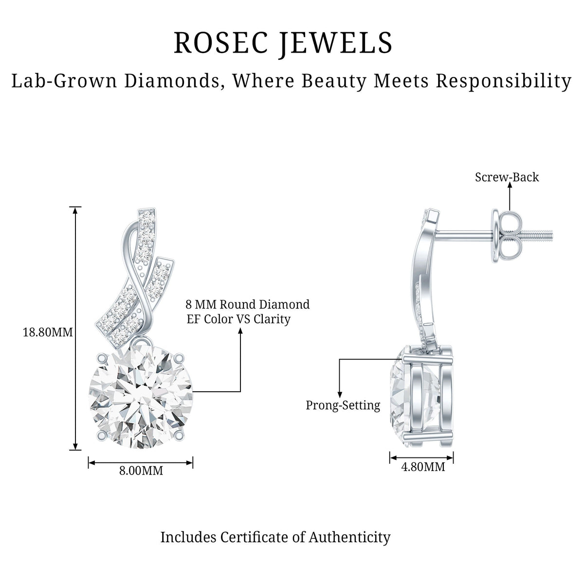Certified Lab 8 mm Round Diamond Designer Drop Earrings