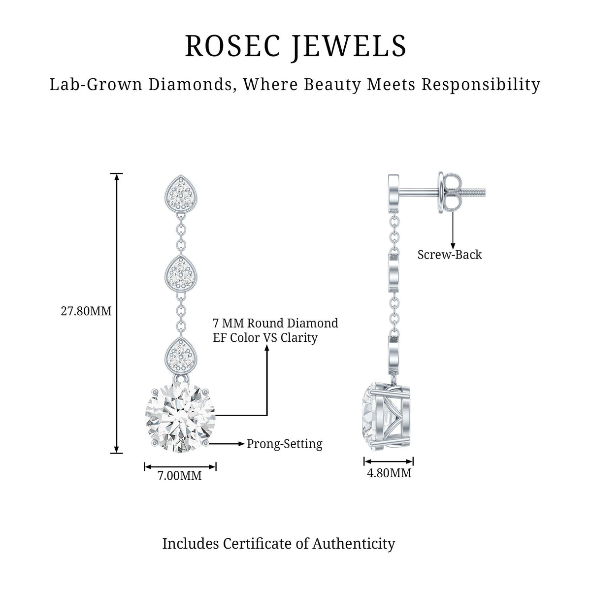 Certified Lab 7 MM Round Diamond Dangle Chain Earrings