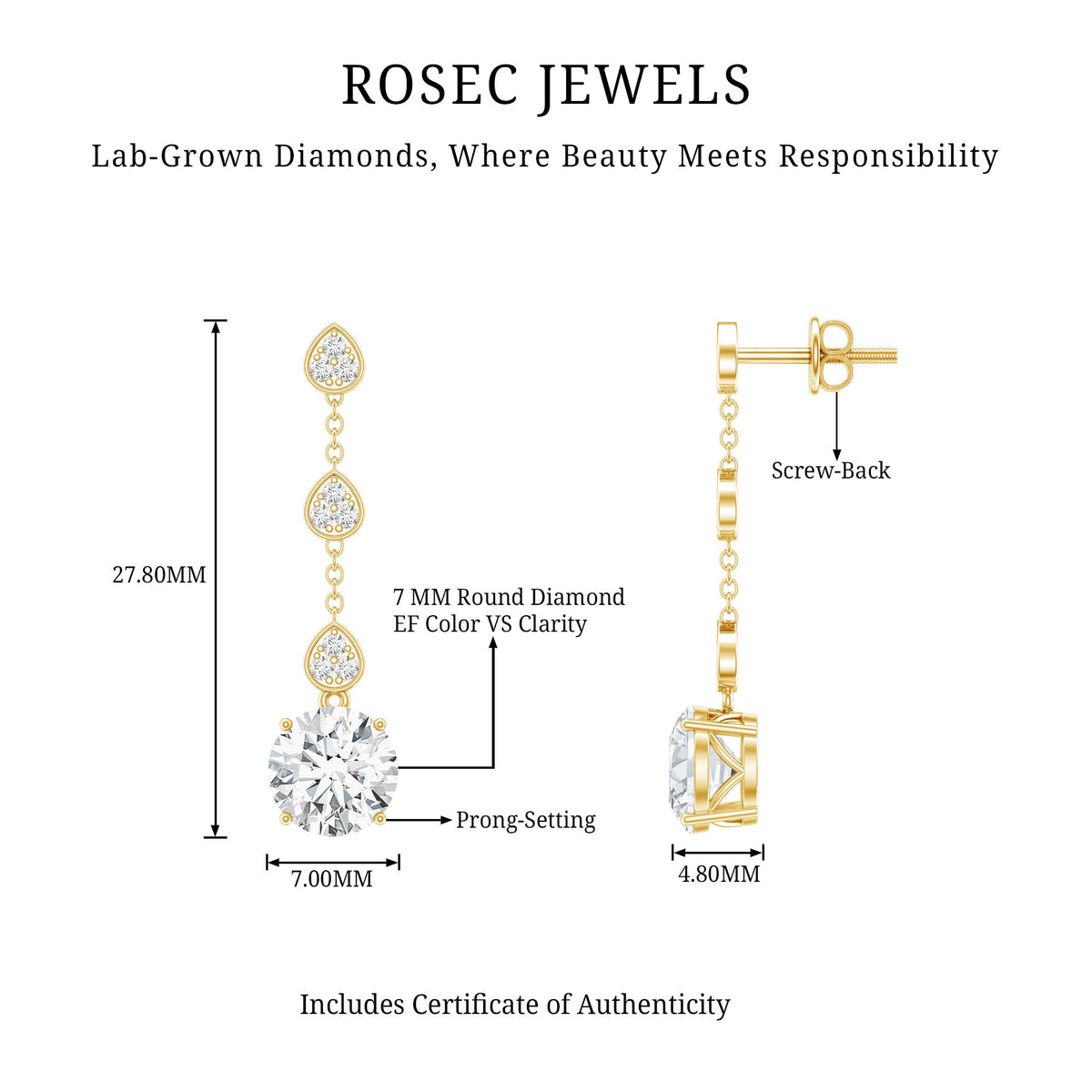 Certified Lab 7 MM Round Diamond Dangle Chain Earrings