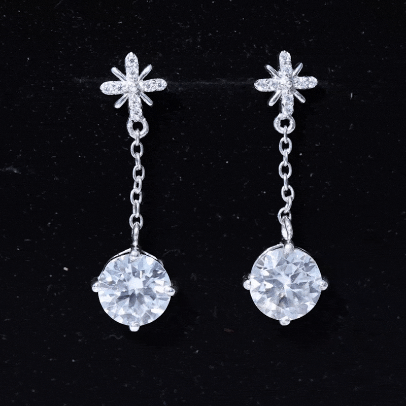 Rosec Jewels certified 8mm round lab-grown diamond flower dangle earrings featuring yellow accents and intricate floral design.