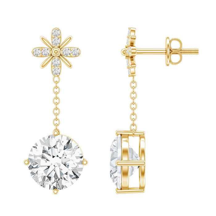 Rosec Jewels certified 8mm round lab-grown diamond flower dangle earrings, featuring sparkling diamond accents and elegant floral design.