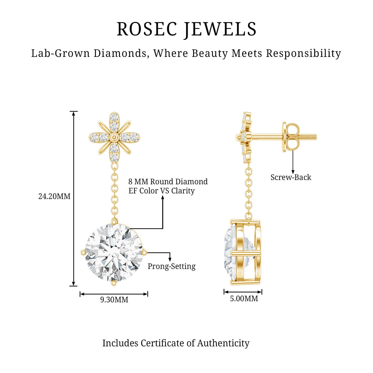 Certified 8 MM Round Lab Grown Diamond Flower Dangle Earrings