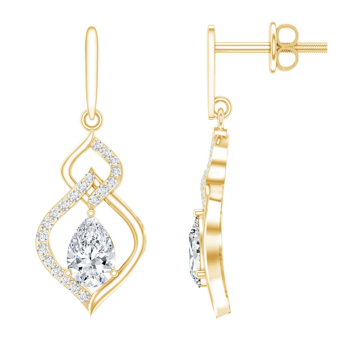 Pear-shaped diamond drop earrings featuring lab-certified 4x6 mm diamonds from Rosec Jewels with elegant bridal design.