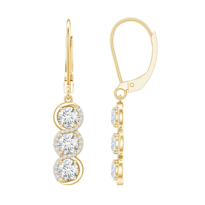 Rosec Jewels certified lab-grown diamond 3-stone dangle earrings with sparkling gemstones and elegant design.