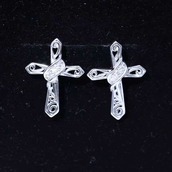 Yellow lab grown diamond cross art deco stud earrings by Rosec Jewels, featuring sparkling geometric design and gold settings.