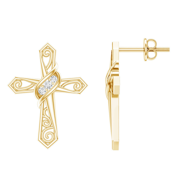 Lab grown diamond cross stud earrings by Rosec Jewels featuring art deco design, sparkling diamond accents, and a classic, elegant style.